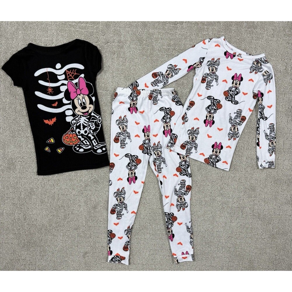 Disney Minnie Mouse Halloween Pajamas Size 5 Girls 3 Piece Skeleton Mummy Set